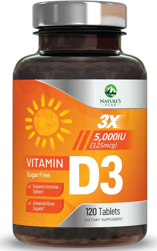 D3 5000iu (125 mcg) Immune Health Support - High Potency D Diyetary Supplement for Bone, Teeth, Muscle - Nature's VIT D, Vegan, Gluten Free, Raspberry Flavor - 120 Chewable Tabletler