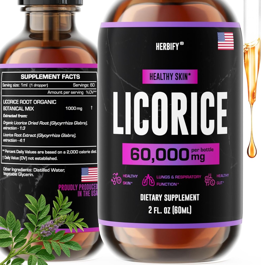 HERBIFY Licorice Root Extract - Güçlü Licorice Supplement - Lung Support Supplement - Skin Health ve Immune Support - ABD'de Yapıldı - 2oz