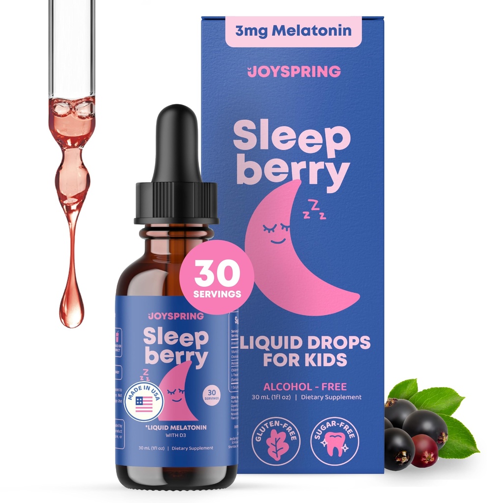 SleepBerry Liquid Melatonin for Kids - Natural Sleep Aid with Elderberry and Vitamin D - Boosts Immune System while They Sleep (1 Fl oz)