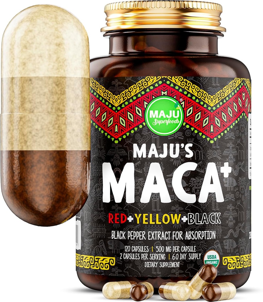 Maju Superfoods 4-σε-1 Κάψουλες ρίζας Maca, οργανικές μαύρες, κίτρινες και κόκκινες ρίζες w Black Pepper Extract για απορρόφηση (120 ct) 