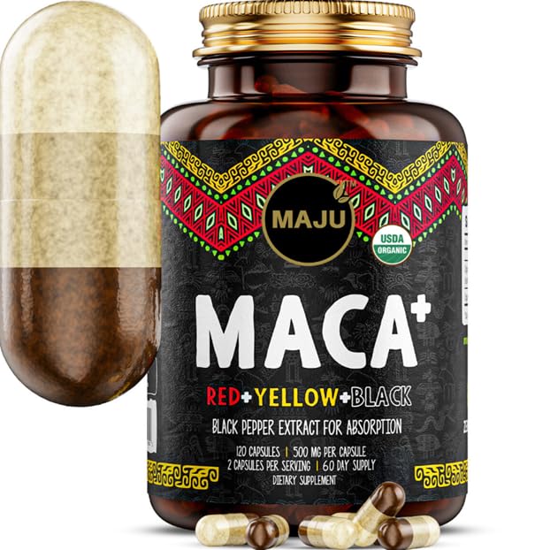 Maju Superfoods 4-in-1 Maca Root Capsules, Organik Siyah, Sarı ve Kırmızı Kökler Aborpsiyon (120 ct) | Peru Ürün, Peru Toz, Erkekler ve Kadınlar Tamam, 60.000 mg