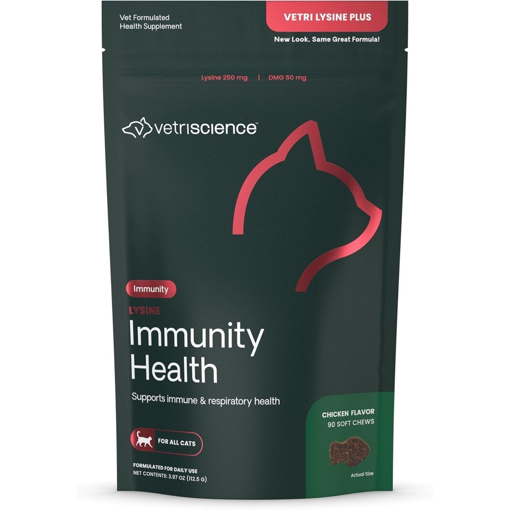 Vetri Science Lysine Immunity Health Chews, 250 mg Lysine Plus Immune Supplement for Cats and Kittens with Allergies, Sneezing, Runny Nose and Watery Eyes, Chicken, 90 Count