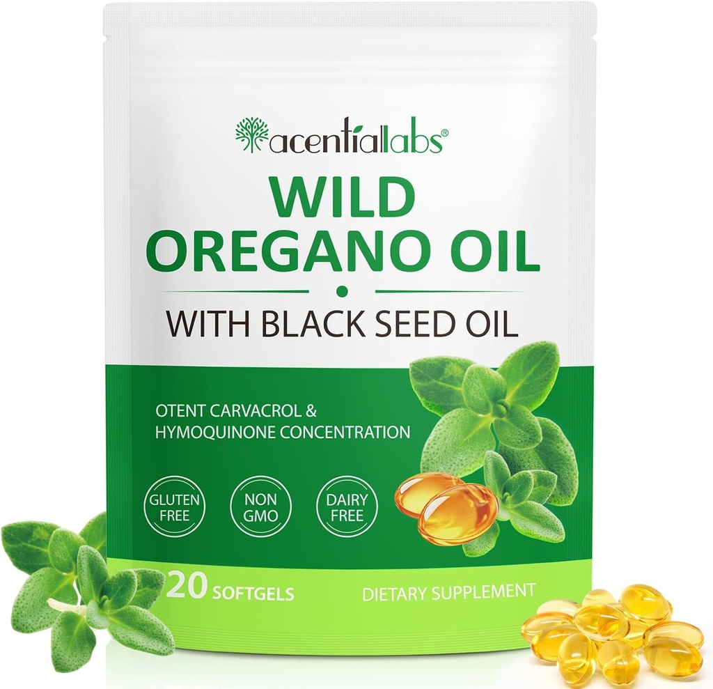 Oregano Softgels, 120 Kont Oregano Oil Supplement Capsules, Oregano Oil Capsules, 165 mg Carvacrol, 2 in 1 6000 mg Oil of Oregano with Black Seed Oil 200 mg