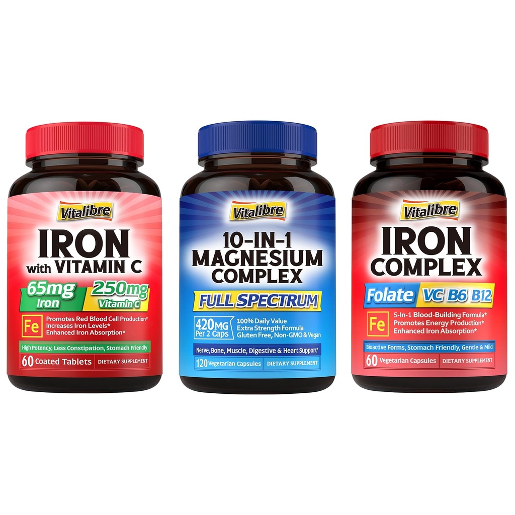 10 σε 1 Magnesium Complex & Iron Supplement, 65mg Carbonyl Iron με 250mg Βιταμίνη C & 5 σε 1 Iron Complex