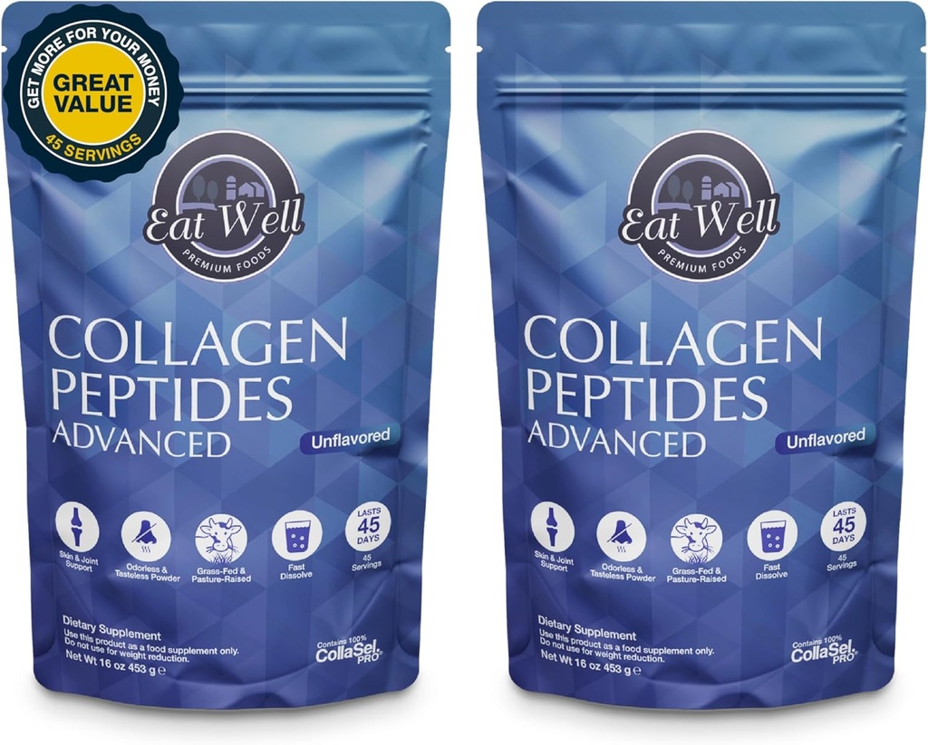 EAT WELL PREMIUM GÜS Kolajn, Toz Protein 45 Hizmet, 16oz, Skin, Bone ve Ortak Destek, Tip I & III Grass Fed Collagen (45 Hizmet)