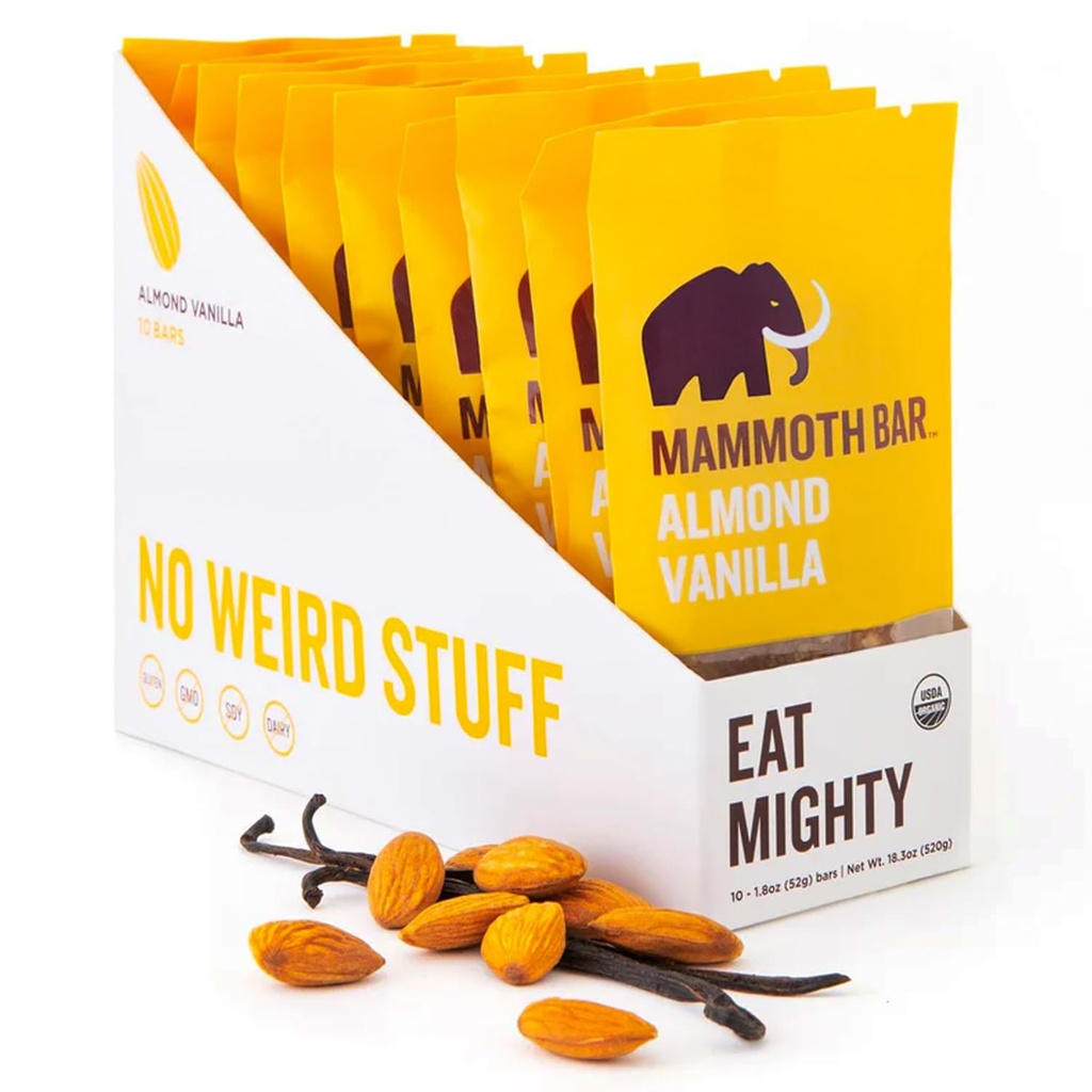Mammoth Bar Αμύγδαλο Vanilla Bar - 10 Organic Protein Bars – Prebiotic • Παλαιό • Χωρίς γλουτένη • Πρωτεΐνες αυγών • GMO Free • Ακατέργαστο • Premium Καρποί με κέλυφος
