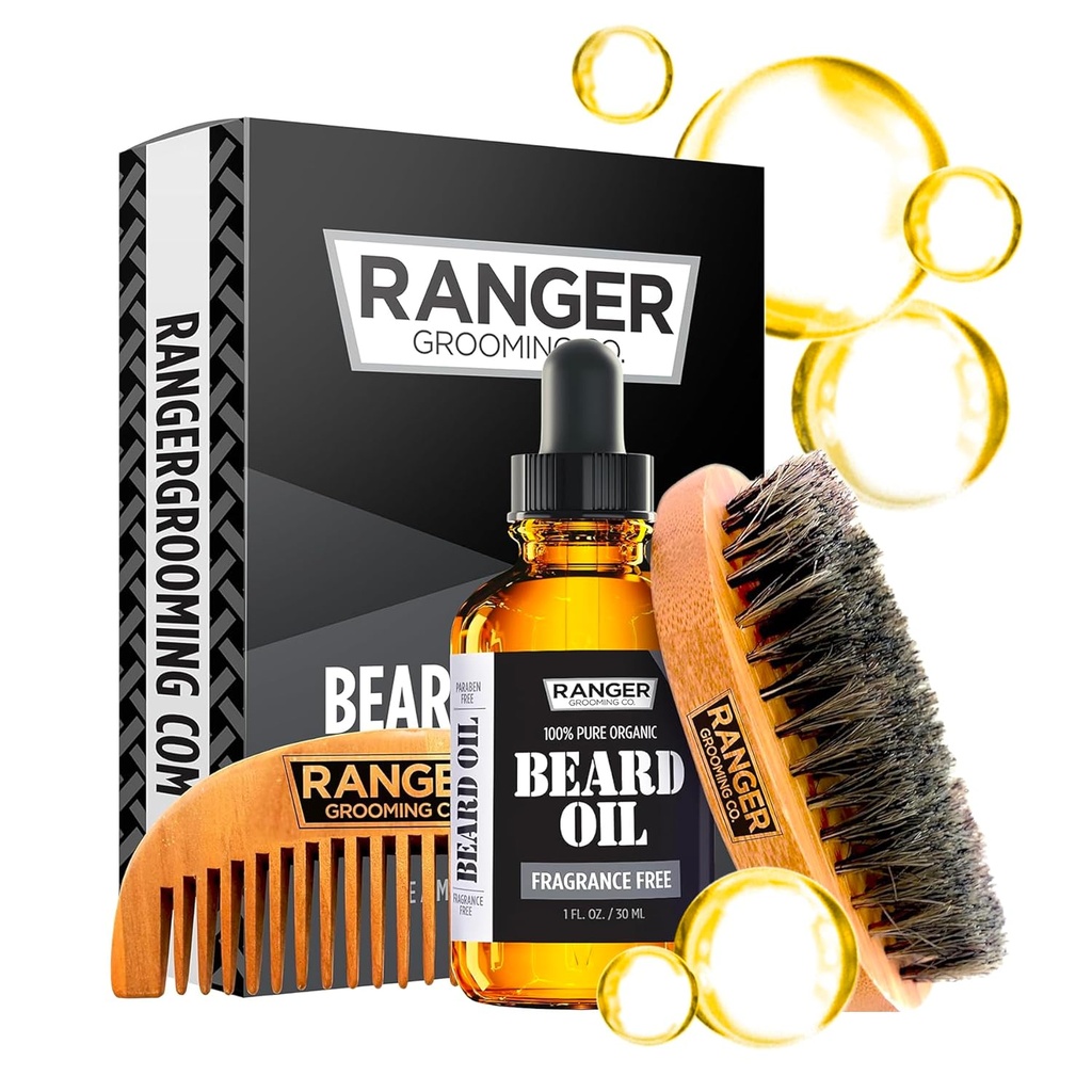 Ayıd Kit by Ranger Grooming Company by Leven Rose, 100% Organik Doğal Fragrance Free Unscented Beard Oil, Boar Bristle Beard Brush, Natural Wood Comb Beard Care Start Set for Men
