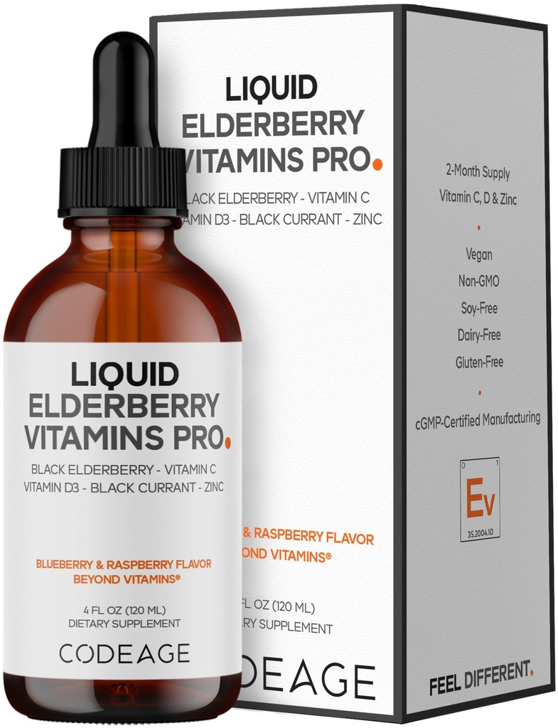 Codeage Elderberry Vitamins Pro - Organic Black Elderberry Liquid Drops - Vitamin C, D3, Zinc, Black Currant - 2-Month Supply - Black Sambucus Liquid - Supplement for Adults & Kids - 4 fl oz