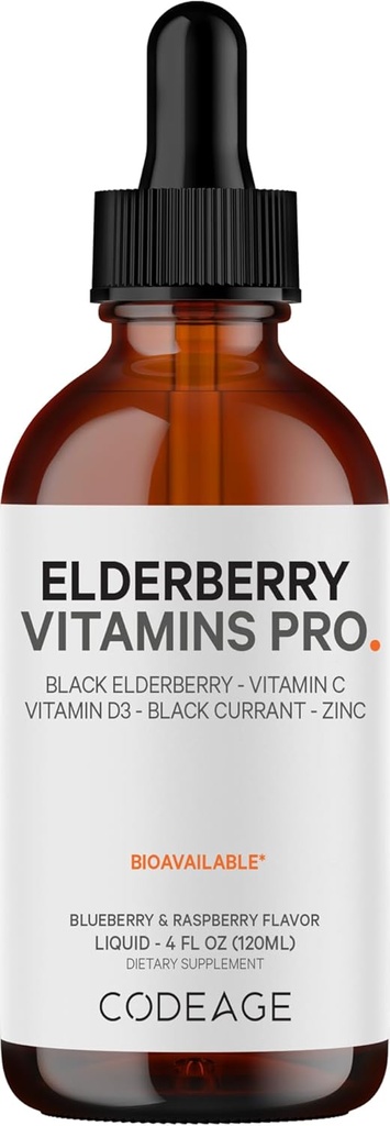 Kodage Elderberry Vitamins Pro - Organik Siyah Yaşlı Sıvı Ölçeği - C, D3, çinko, Black Currant - 2Month Supply - Black Sambucus Sıvı - Yetişkinler ve Çocuklar için Tamam - 4 fl oz