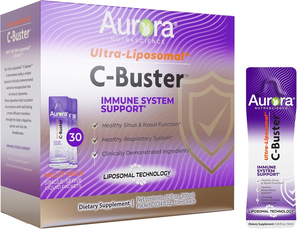 Aurora Nutrascience Ultra Liposomal C-Buster Immune System Support, Vitamin C, Vitamin D, Zinc, Elderberry, Pelargonium, Vitamin K & Ginseng, 30 πακέτα, 10 ML