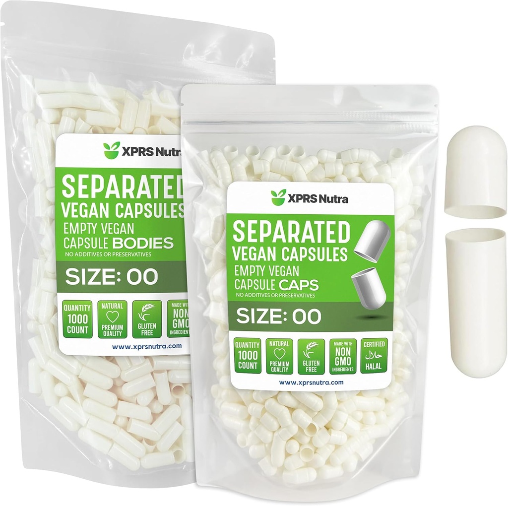 XPRS Nutra Vegan Size 00 Separated Capsules - 1000 Count Premium Empty Capsules Separated in Bags - 00 Pills Empty for DIY Supplement Filling (White)