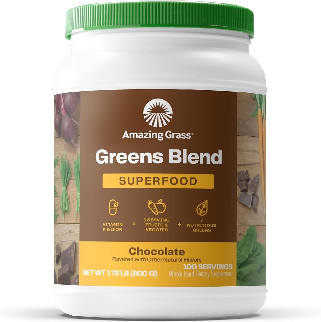 Amazing Grass Greens Superfood Powder: Πράσινοι Σκόνη με Digestive Ένζυμα & Προβιοτικά, Βιολογικά Spirulina, Chlorella, και Beet Root Powder, Σοκολάτα, 100 Σερβιέτες