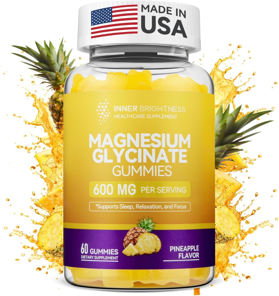 Γλουτένη Μαγνήσιο Γλυκινικό Gummies 600mg, μη Γλουτένη-ελεύθερο, Μαγνήσιο Gummies για ενήλικες & παιδιά, ύπνο, χαλάρωση & εστίαση, ανανά γεύση, 60 Count