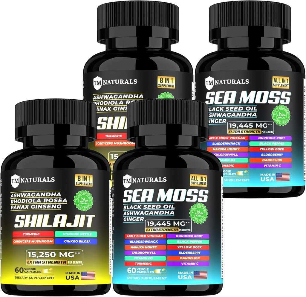 Sea Moss Black Seed Oil Ashwagandha Ginger Capsules, Turmeric ve Ginger Supplement Bladderwrack Burdock Organik Kök,ACV Siyah Tohum Yağı - 240 Deniz Moss Capsules