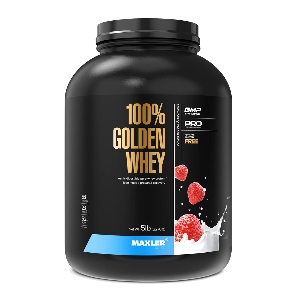 Maxler 100% Golden Whey Protein - 23g Premium Whey Protein Powder per Serving - Pre, Post & Intra Processout - Fast-Absorbing Whey Hydrolysate, Isolate & Concentment Blend - Κρέμα Φράουλας 5 lbs