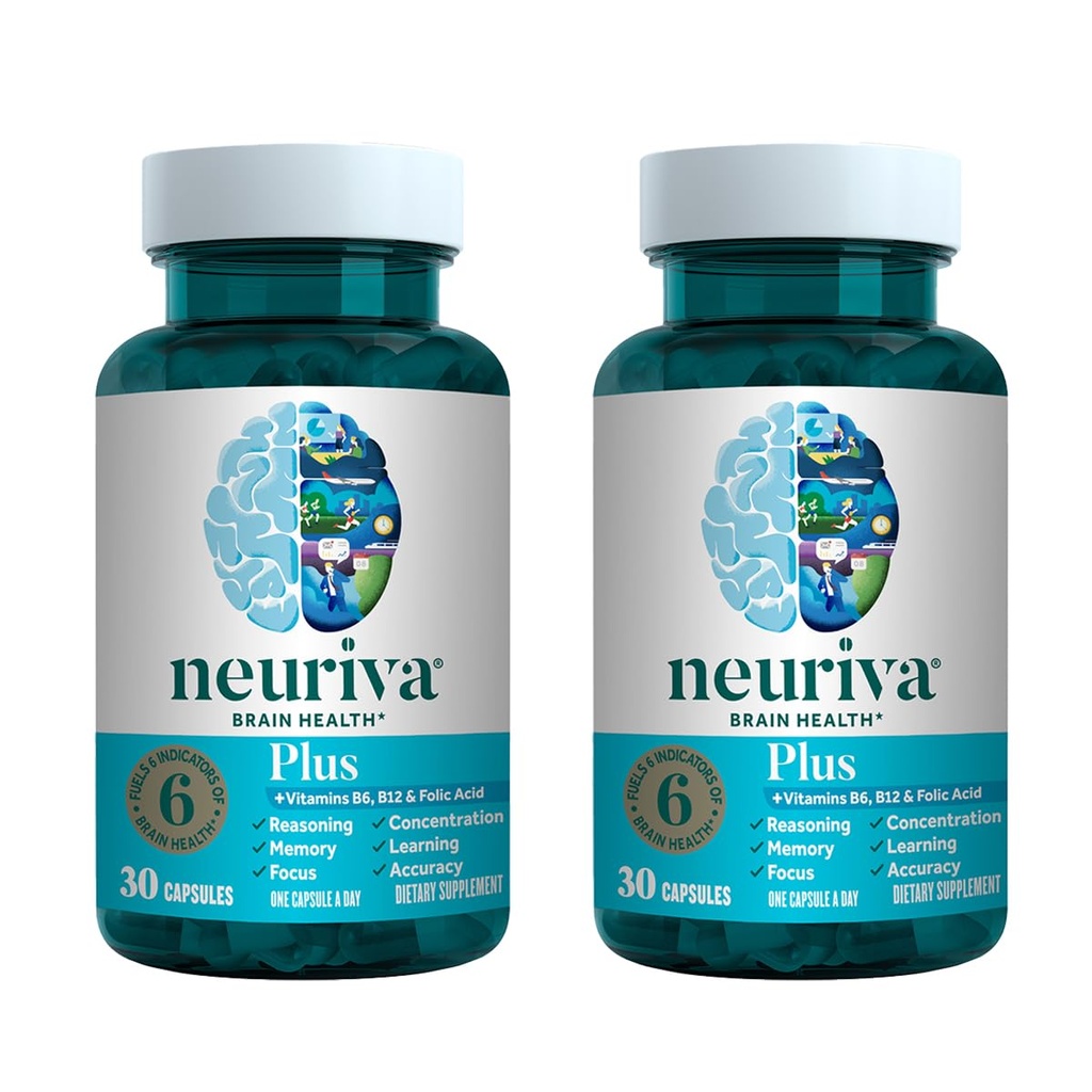 NEURIVA Plus Brain Supplement for Memory, Focus & Concentration + Cognitive Function with Klinikly Tested Nootropics Phosphatidylserine and Neurotors, VIT B6 & B12, 30 Count Capsules (2 Pack)