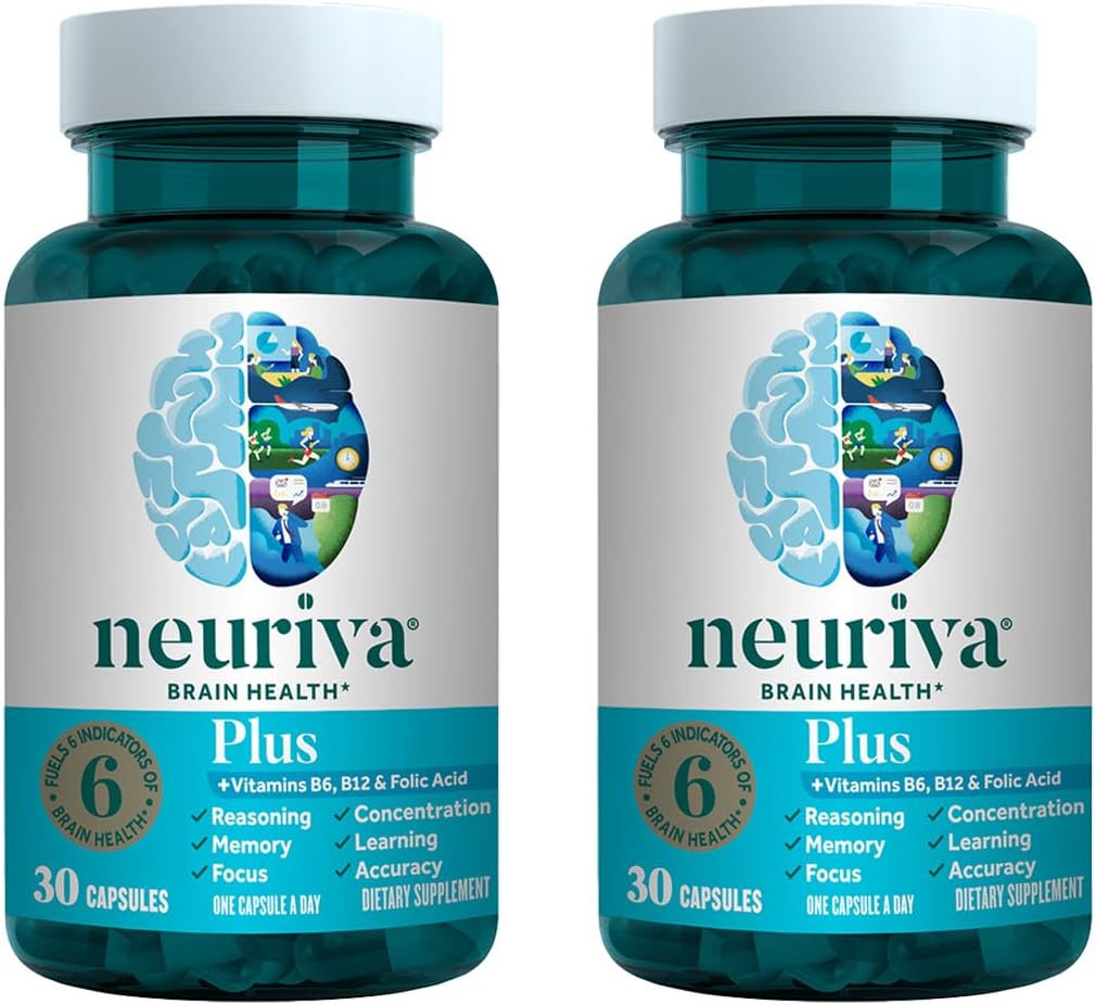 NEURIVA Plus Brain Supplement for Memory, Focus & Concentration + Cognitive Function with Klinikly Tested Nootropics Phosphatidylserine and Neurotors, VIT B6 & B12, 30 Count Capsules (2 Pack)