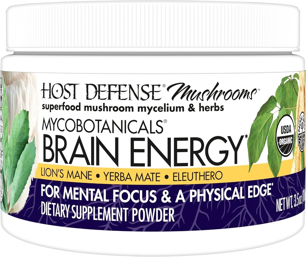 Host Defense MycoBotanicals Brain Energy* Powder - Brain & Focus Supplement Υποστήριξη με Mane Mushroom Lion - Συμπλήρωμα διατροφής με Yerba Mate για την Ενεργειακή Υποστήριξη - 3,5 oz (33 Servings)*