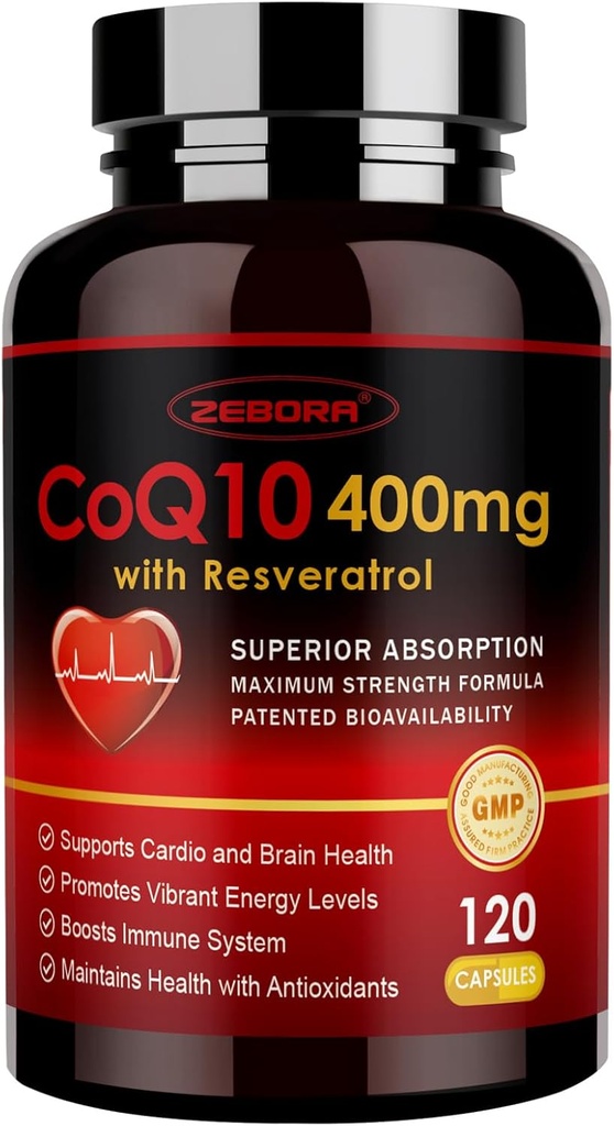 ZEBORA CoQ10-400mg με Trans-ρεσβερατρόλη, PQQ & βιταμίνη Ε - Υψηλή απορρόφηση Συνένζυμο-Q10 με BioPerine - Ισχυρό αντιοξειδωτικό για την καρδιά & την ενέργεια-παραγωγή,120 κάψουλες Veggie