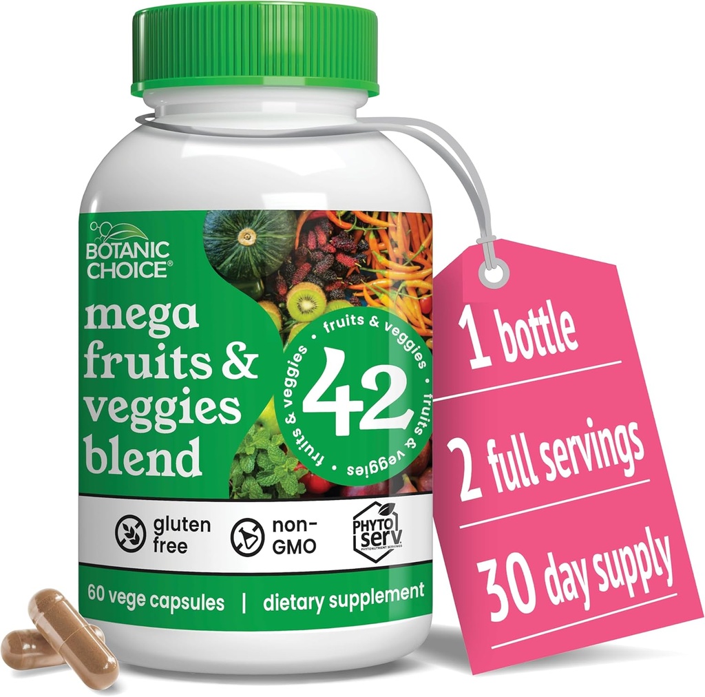 Βοτανική επιλογή Mega Fruits and Veggies Blend - 42 κάψουλες φρούτων & λαχανικών Superfood - Elderberry, Chlorella, Kale - Συμπληρώματα - 60 κάψουλες