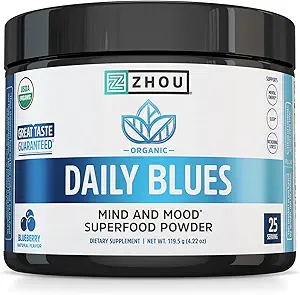 Zhou Daily Blues - Blue Spirulina Toz Organik, Blue Algae Energy Superfood Supplement for Smoothie, Vegan Drink Mix - Blueberry Flavor, 4.22 oz (25 hizmet)