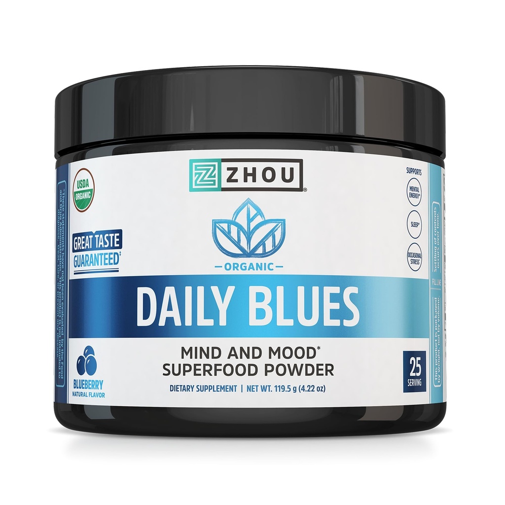 Zhou Daily Blues - Blue Spirulina Toz Organik, Blue Algae Energy Superfood Supplement for Smoothie, Vegan Drink Mix - Blueberry Flavor, 4.22 oz (25 hizmet)