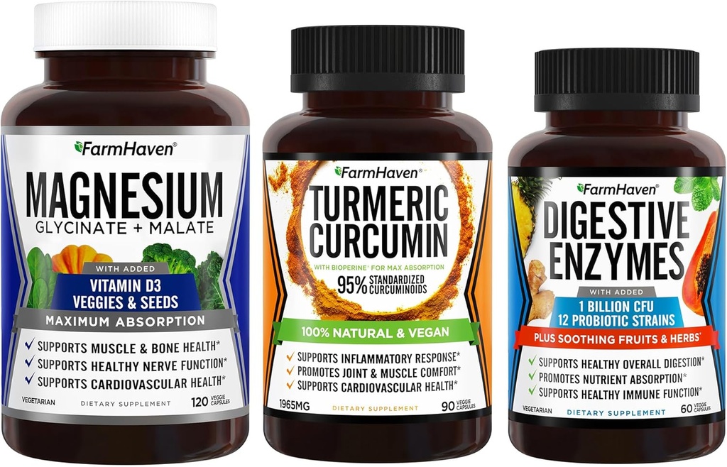 Farm Haven Magnezyum Glycinate & Malate Complex w/Vitamin D3 & Turmeric Curcumin with BioPerine Black Pepper & Digestive Enzymes with 18 Probiyotiks & Herbs