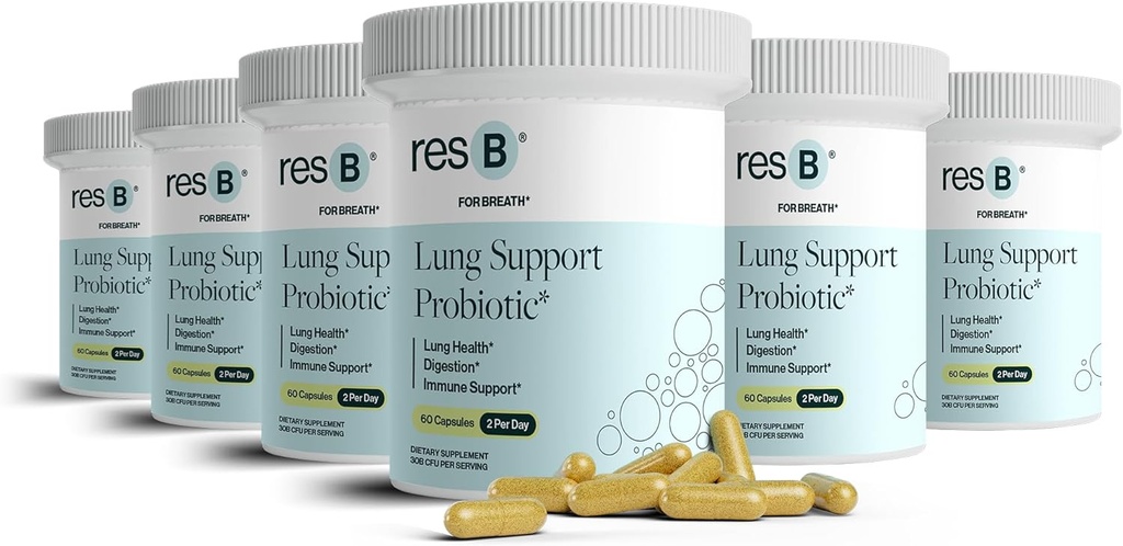 Resbiyotik resB Lung Support Probiyotik Supplement - Lung Health Supplement for Smokers, Gut Health, Immune Support, Respiratory Care, Holy Basil, Turmeric, Klinik Olarak Denemek - 360 Capsules (6 Şişe)