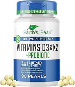 Dünya'nın İnci Vitamini D3 K2 5000 IU - 3in-1 K2 D3 Vitamini Kadınlar ve Erkekler için Probiyotiklerle birlikte, 3Month Supply, Gut Health Supplements for Women & Men (90 CT)
