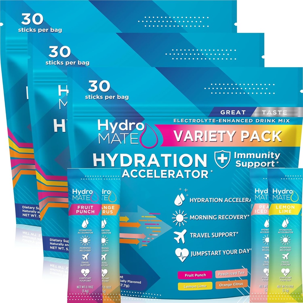 HydroMATE Electrolyte Toz Çeşitli Paketi Bulk Hydration Packets Low Sugar 90 Count