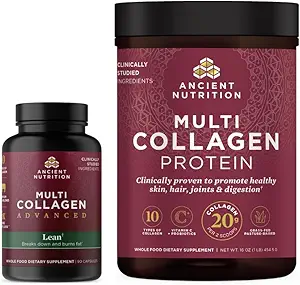 Αρχαία διατροφή Multi Collagen Advanced Κάψουλες, Lean, 90 Count + Multi Collagen Protein Powder, Unflavored, 45 εξυπηρετούν