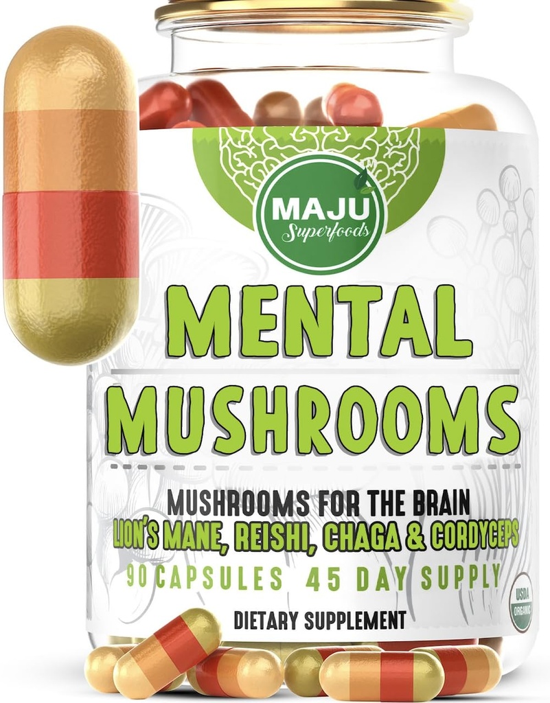 MENTAL Mushroom Caps, Organic Extract Supplement w/ Lion's Mane, Cordyceps, Reishi και Chaga, Ενισχύστε την εστίαση σας, την ενέργεια, την ευεξία και το ανοσοποιητικό σύστημα - Νοοτροπικά μανιτάρια, ανοσοποιητική υποστήριξη 90ct