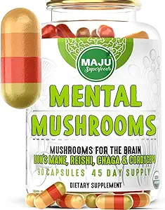 MENTAL Mushroom Caps, Organic Extract Supplement w/ Lion's Mane, Cordyceps, Reishi και Chaga, Ενισχύστε την εστίαση σας, την ενέργεια, την ευεξία και το ανοσοποιητικό σύστημα - Νοοτροπικά μανιτάρια, ανοσοποιητική υποστήριξη 90ct