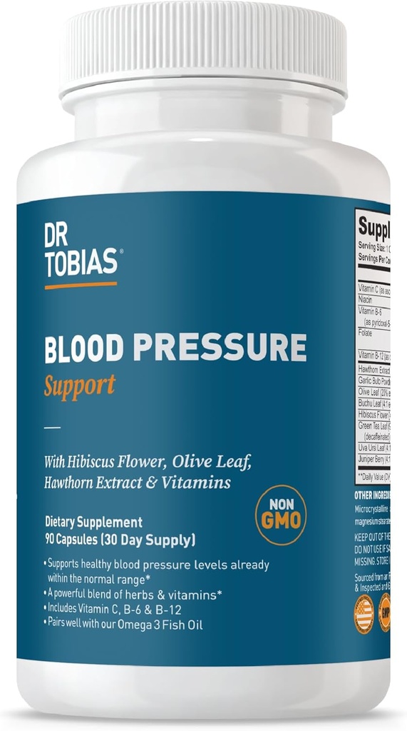 Dr. Tobias Blood Pressure Support Supplement with Hawthorn, Hibiscus Flower, Olive Leaf & Σκόρδο, Υποστηρίζει την Κανονική Κυκλοφορική Υγεία με Βιταμίνες C, B6, B12, Νιασίνη, Φολικό & Βότανο, 90 Κάψουλες