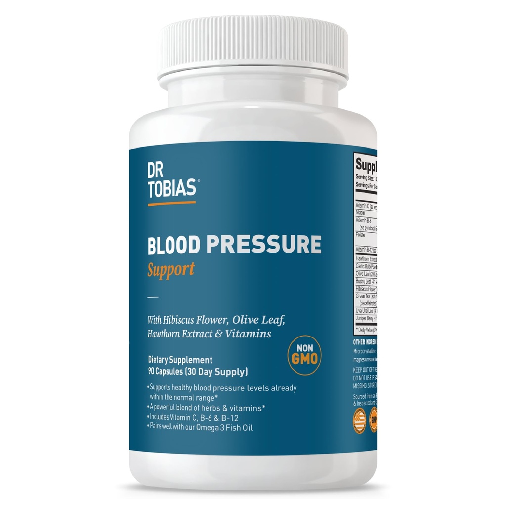 Dr. Tobias Kan Basınç Desteği Hawthorn, Hibiscus Flower, Olive Leaf & Garlic, Vitaminler C, B6, B12, Niacin, Folate & Herbs, 90 Capsules