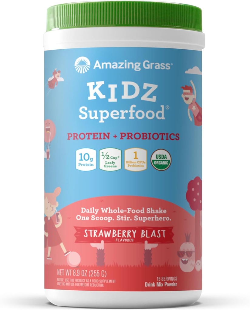 Amazing Grass Kidz Superfood: Vegan protein & Probiyotiks for Kids with Beet Root Toz & 1/2 Cup of Leafy Greens, Strawberry Blast, 15 Hizmet