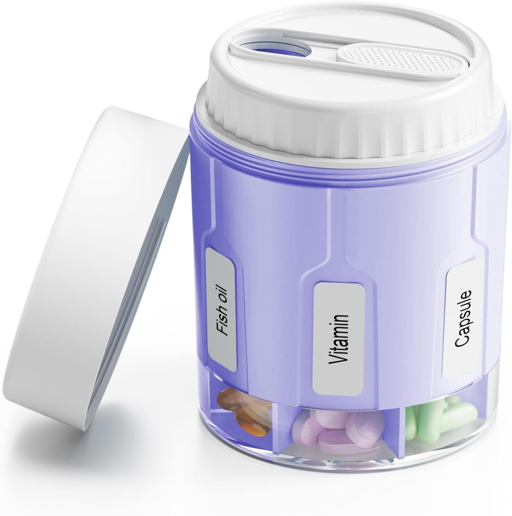 Daviky Pill Şişe Organizer, Supplement Organizer 7 Büyük Karşılaştırmalar, Seyahat Pill Akrilik Round Pill Box with Two Lids (Purple)