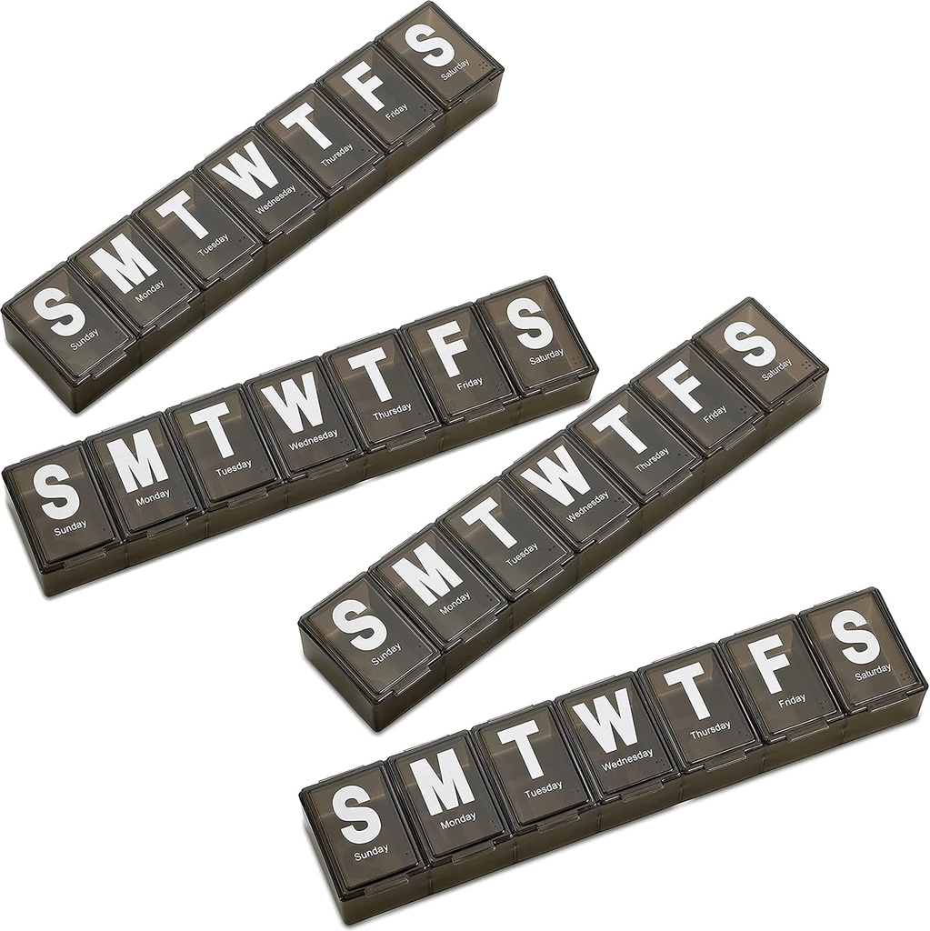 Haftalık Pill Organizer - ( 4) Ekstra Büyük Vitamin Konteynerleri Kolay Mektuplar Okumak İçin Kolay, Domuz Ücretsiz - Günlük Seyahat 7 Günlük İlaç Pill Box Örneği (Black)