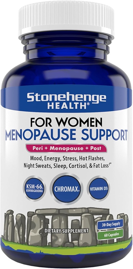 Stonehenge Health for Women Εμμηνόπαυση Υποστήριξη για Peri + Εμμηνόπαυση + Post - Mood, Energy, Stress, Hot Flashes, Night Sweats, Sleep & Cortisol, Chromax Chromium, Vitamin D3, KSM-66 Ashwagandha Extract