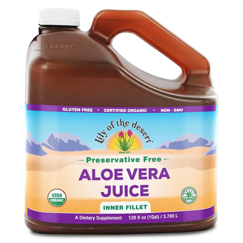 Desert Aloe Vera Juice - Organik, Preservative-Free Inside Fillet Aloe Vera Drink with Natural Digestive Enzymes for Gut Health, Stomach Relief, Wellness, Glowing Skin, 128 Fl Oz