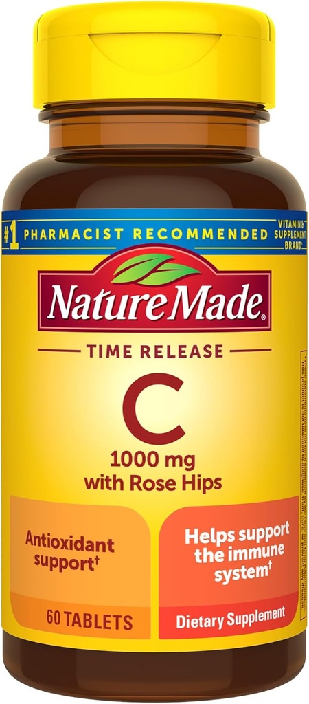 Nature Made Vitamin C 1000 mg with Rose Hips, Συμπλήρωμα διατροφής για την υποστήριξη του ανοσοποιητικού, 60 δισκία αποδέσμευσης χρόνου, 60 ημέρες προσφοράς