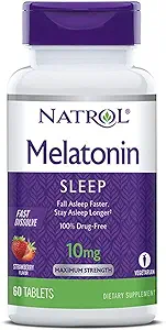 Natrol Μελατονίνη Ύπνος Μέγιστη Ισχύς γρήγορα διαλύεται γεύση φράουλας 10 mg 60 δισκία (πακέτο των 3)