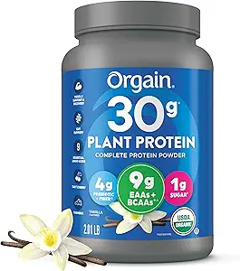 Orgain Organic 30g Vegan Plant Protein Toz, Vanilla, 9g EAAs + BCAAs, High Plant Protein, 4g Prebiyotik + Fiber, 1g Sugar, Pre-Workout, Muscle Support + Recovery - 2.01lb (Package May Vary)