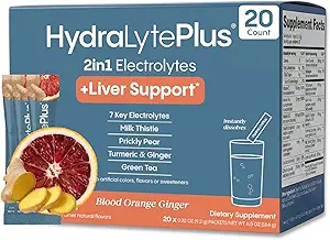 Hydralyte Liver Support + Electrolyte Mix with Milk Thistle, Turmeric, Ginger, Prickly Pear, Yeşil Çay Ekstra Rehidrasyon için Formülasyon (Kan Orange Ginger, 20 Packets)