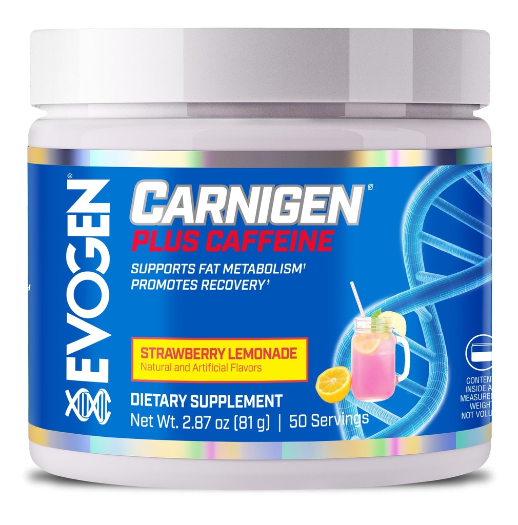Evogen Carnigen Plus Caffeine - Premium Carnitine Toz | Destekler Fat Metabolism & Promosyonlar Kurtarma | L Carnityl L-Carnitine | Strawberry Lemonade | 50 Hizmetler