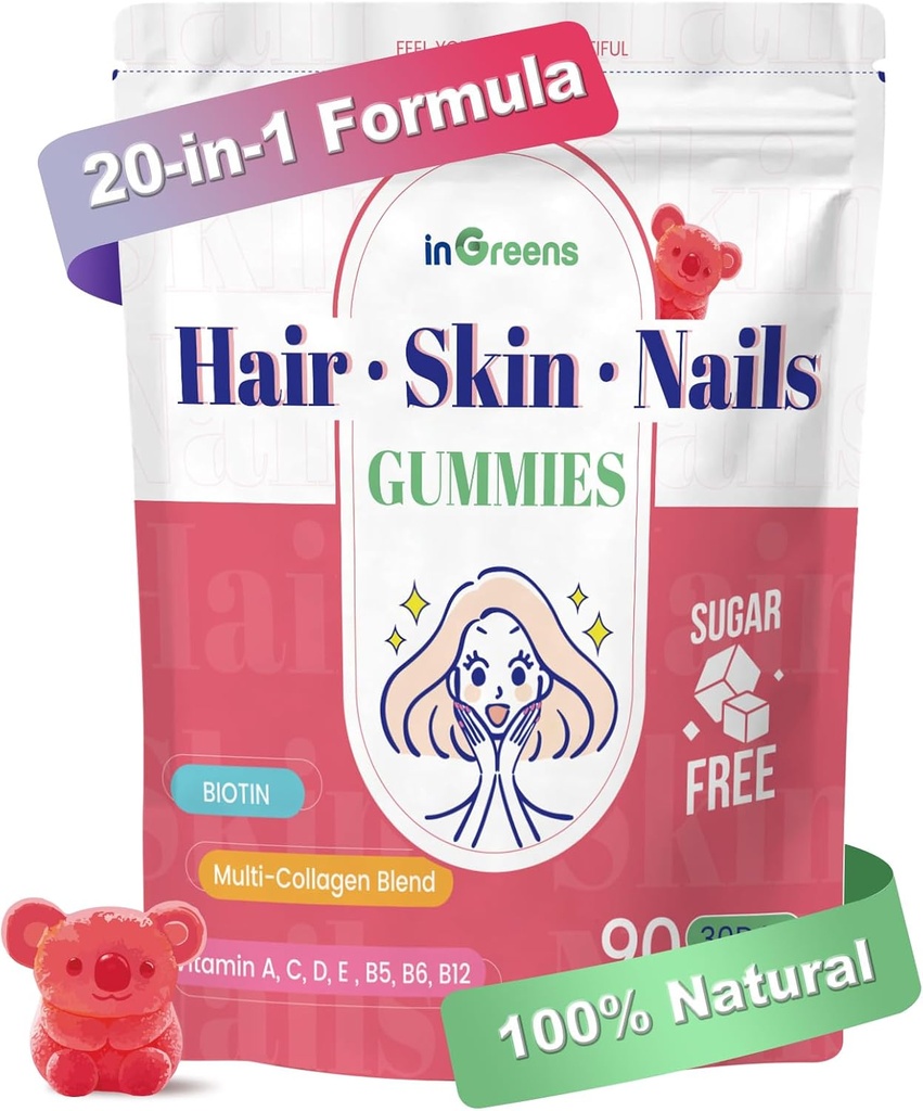 20-σε-1 Μαλλιά Δέρμα και νύχια Gummies, Μαλλιά Βιοτίνη Βιταμίνες για γυναίκες & άνδρες με 10000 mcg Βιοτίνη, Βιταμίνες Α, C, D, E για την ανάπτυξη των μαλλιών & Υγιεινή επιδερμίδα, Λευκό Ροδάκινο Γεύση, 90 Gummies
