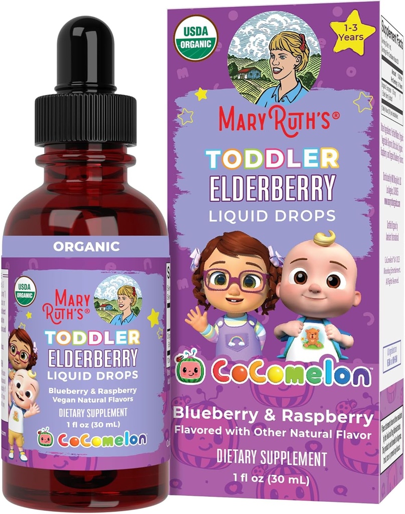MaryRuth Organics Cocomelon Toddler Elderberry Syrup, USDA Organic Elderberry, Sugar Free Kids Συμπλήρωμα Ανοσολογικής Υποστήριξης Ηλικιών 1-3 Χρόνια, Clean Label Project Επαληθευμένο®, Vegan, Χωρίς Γλουτένη, 1 Fl Oz