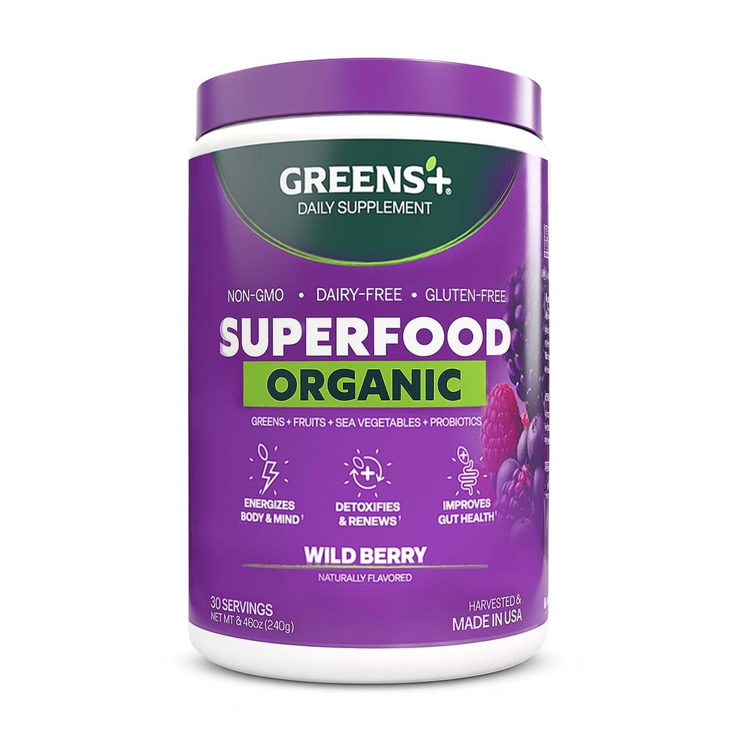 Greens+ Organic Wild Berry Superfood Powder, Antioxidant Polyphenol, Blend for Morning Kick, Energy, Vitality Boost, Nutrition, Vibrant Health, Dietary Supplement, Vegan Soy/Dairy/Gluten Free(8.46oz)