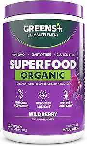 Yeşiller+ Organik Vahşi Berry Superfood Toz, Antioksit Polyol, Morning Kick, Enerji, Vitality Boost, Beslenme, Vibrant Health, Diyeter Supplement, Vegan Soy/Dairy/Gluten Free(8.46oz)