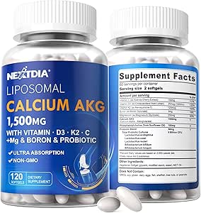 2 Συσκευασία Liposomal Calcium AKG Συμπλήρωμα 1500mg με βιταμίνη D3 & K2 για γυναίκες & άνδρες, Συμπλήρωμα ασβεστίου με γλυκινικό μαγνήσιο, βόριο, προβιοτικά & βιταμίνη C για δύναμη των οστών & ενέργεια, 240 Softgels